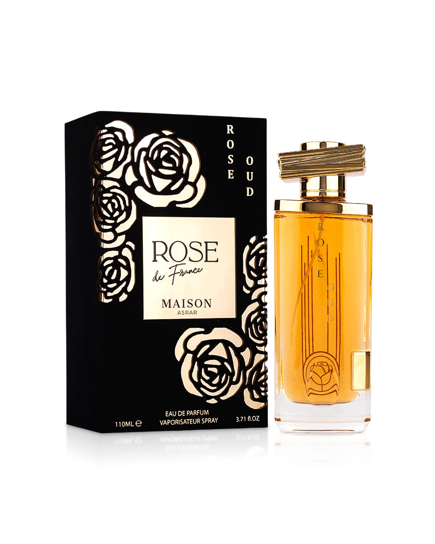 maison asrar rose oud perfume bottle shows beside its box against white background