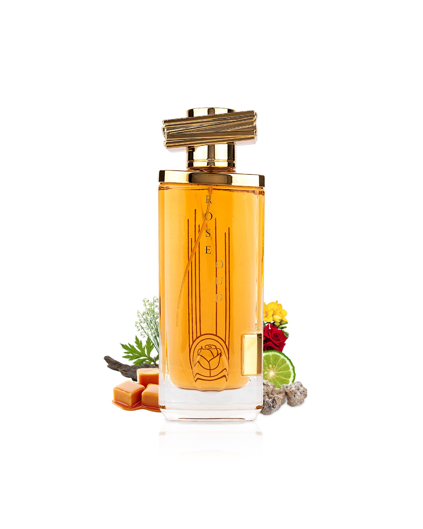 maison asrar rose oud perfume bottle surrounded by fragrance notes like caramel and ambregris shows against white background