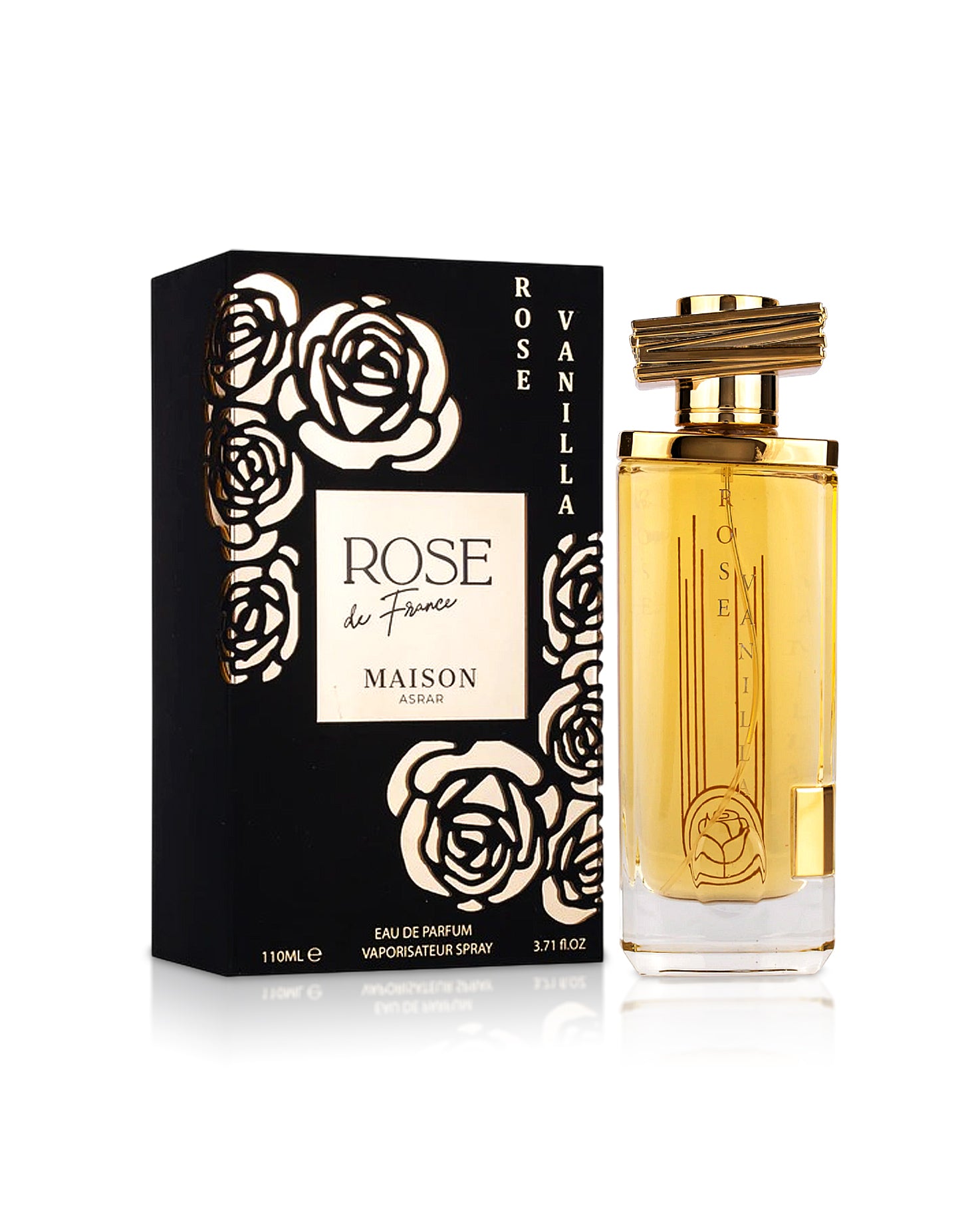 maison asrar rose vanilla perfume bottle shows beside its box against white background