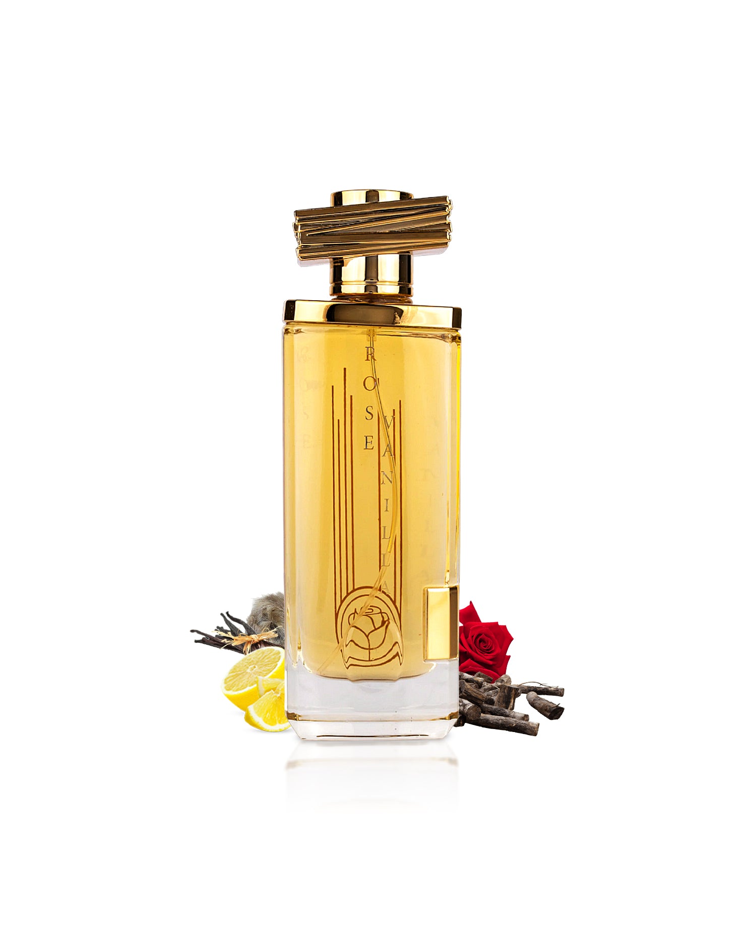 maison asrar rose vanilla perfume bottle surrounded by fragrance notes like rose and citrus shows against white background