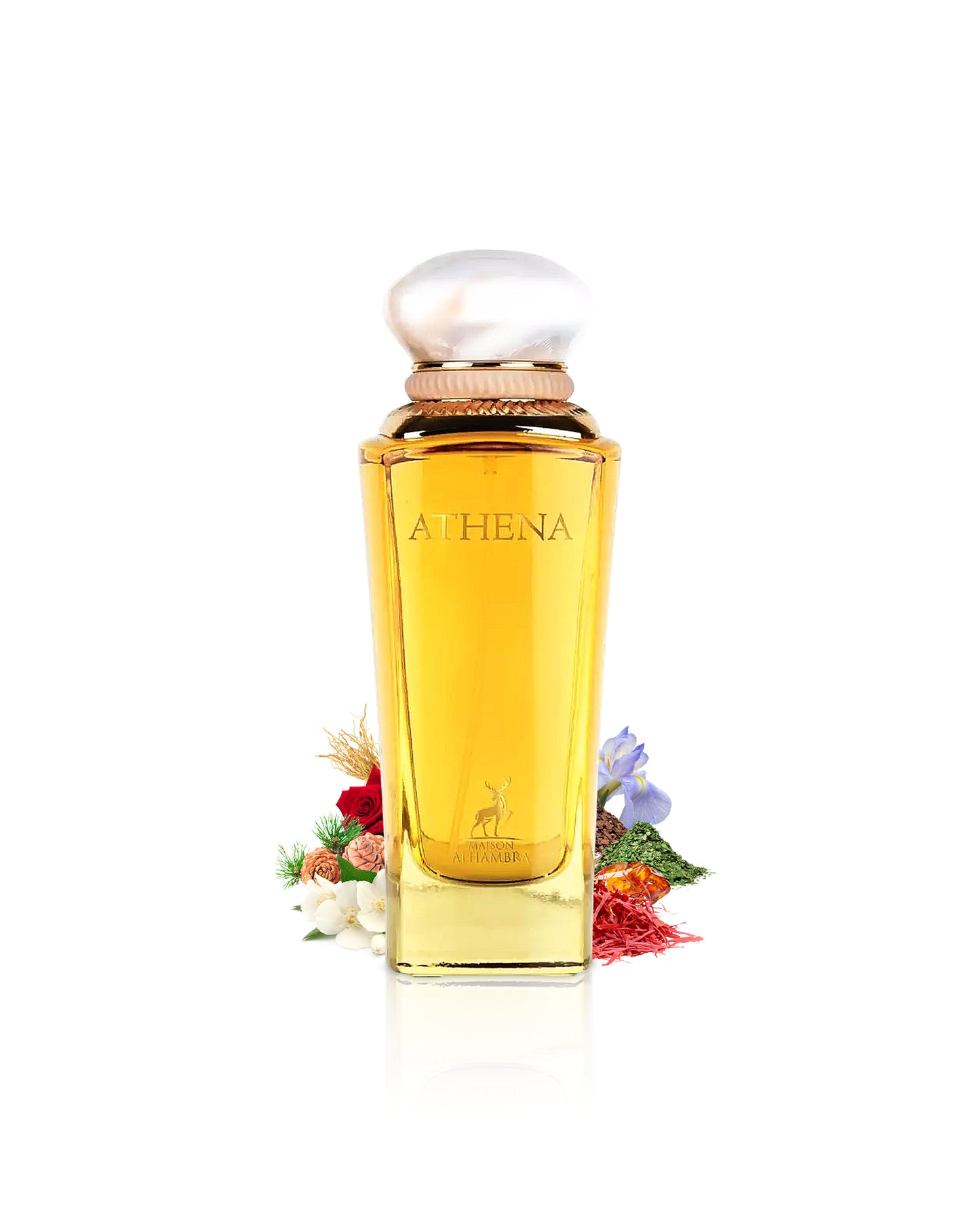 maison alhambra athena perfume bottle surrounded with fragrance notes like jasmine and iris shows against white background