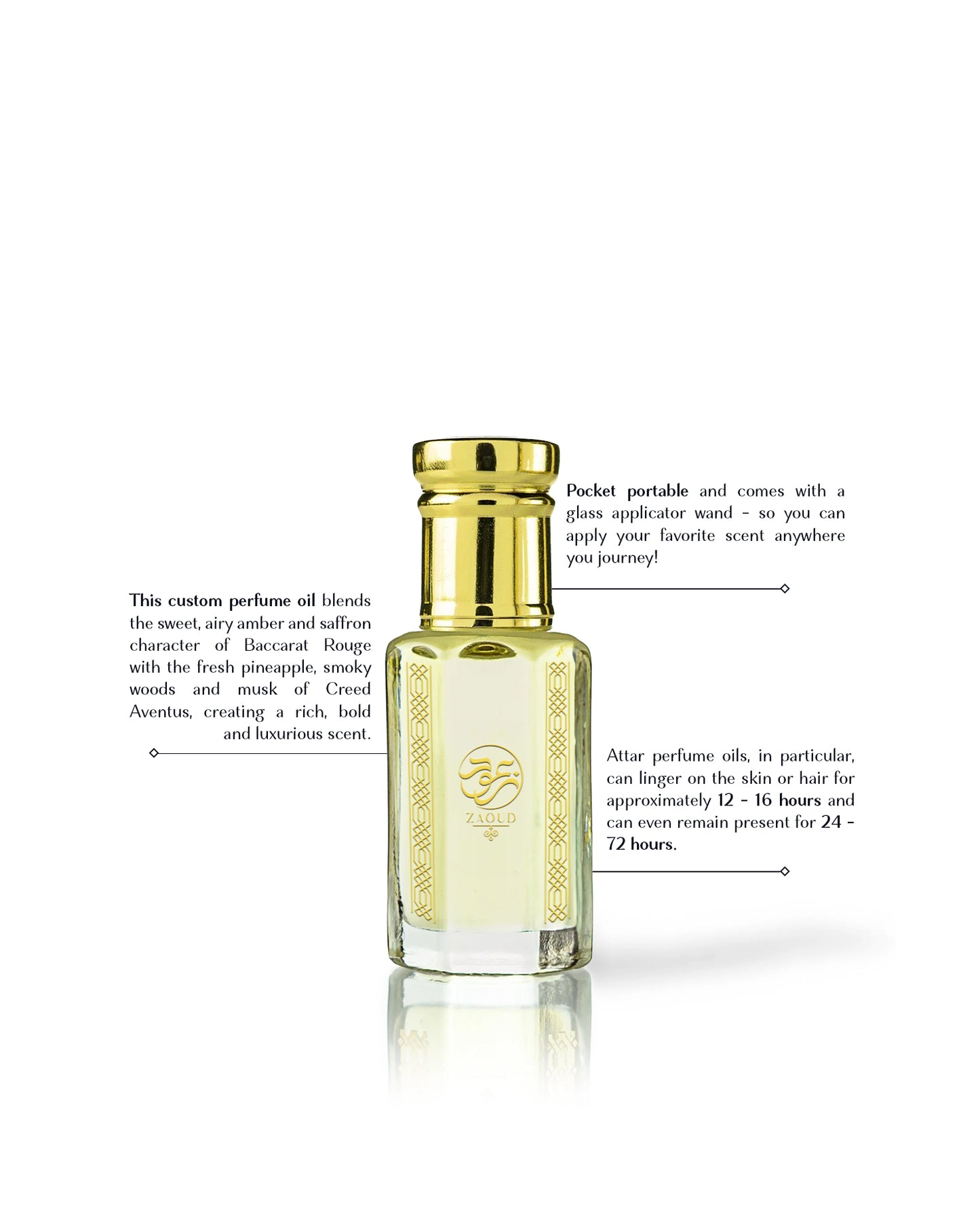 majd rouge perfume oil bottle with a gold cap and clear glass body showing pale yellow liquid inside, set against a white background with descriptive text callouts.