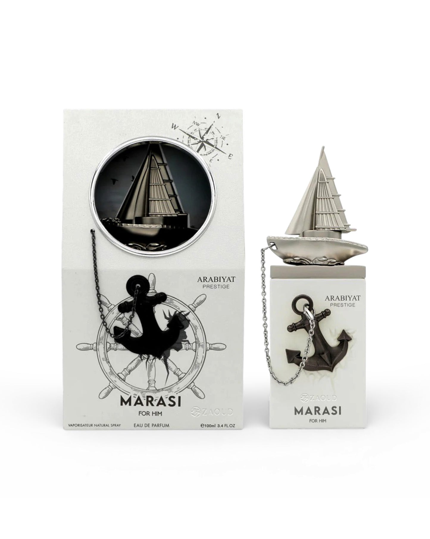 Marasi for him perfume bottle and packaging with ship design on a white background