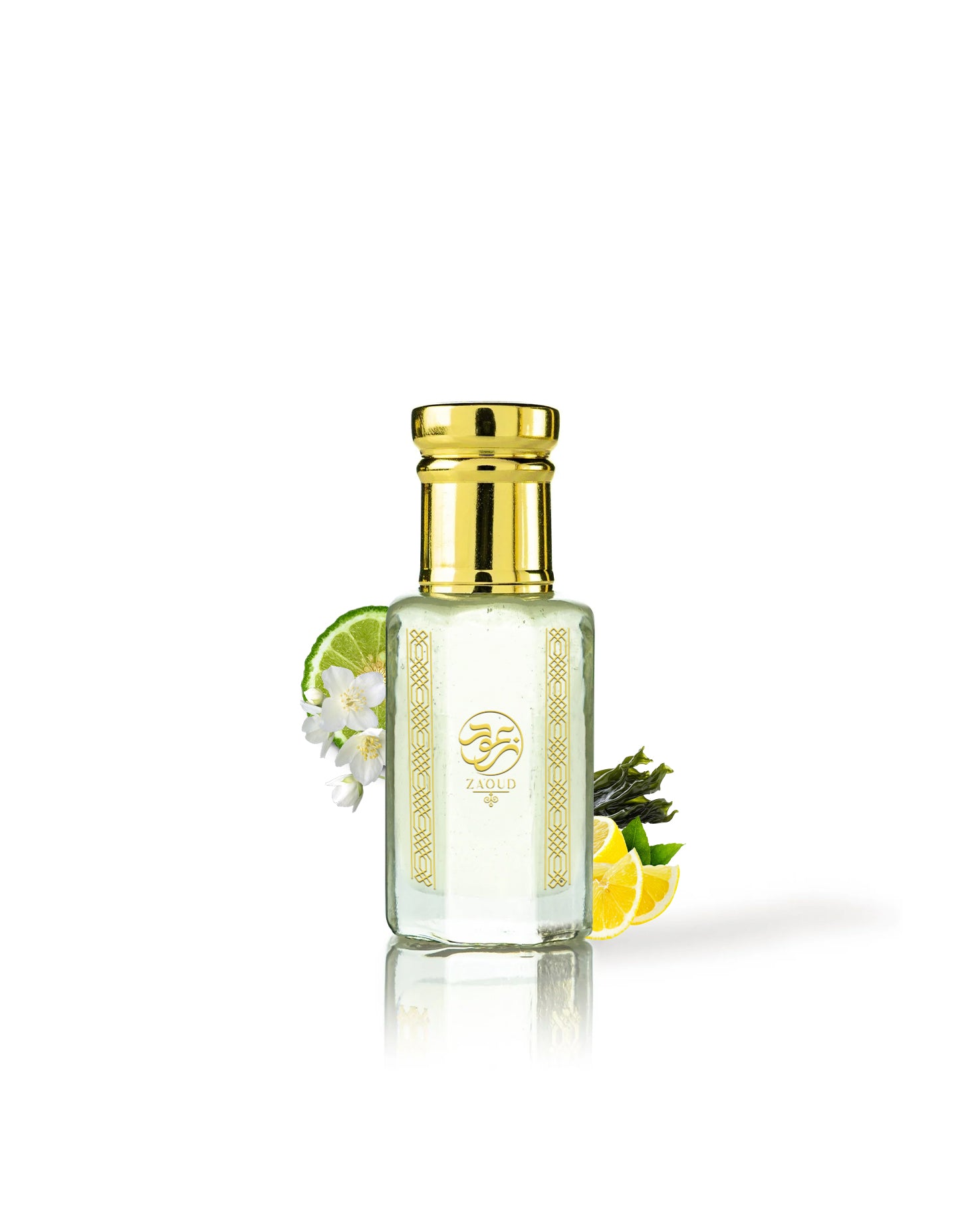 marmora perfume oil bottle surrounded with fragrance notes like seaweed and citrus from behind the bottle against white background