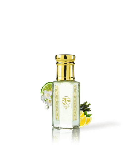 marmora perfume oil bottle surrounded with fragrance notes like seaweed and citrus from behind the bottle against white background