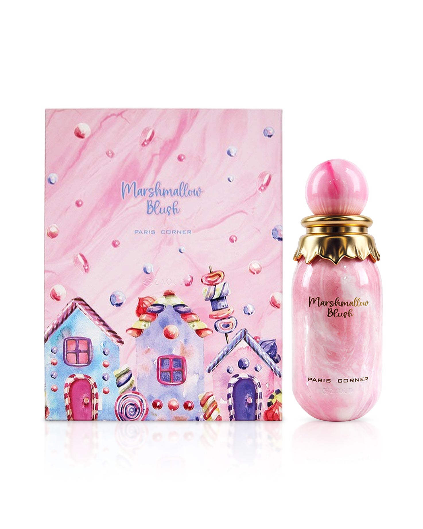 paris corner marshmallow blush perfume bottle shows beside its box against white background