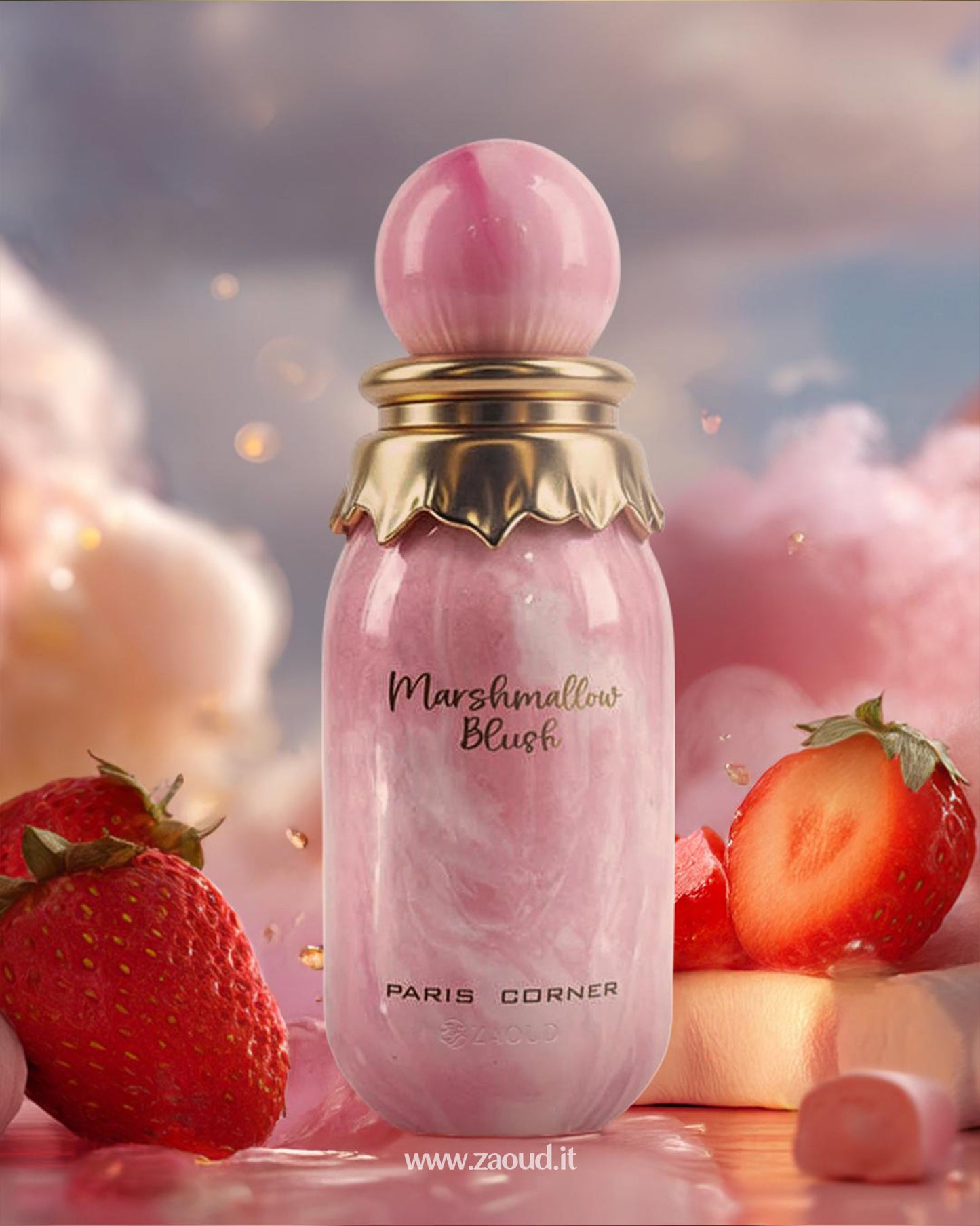 paris corner marshmallow blush perfume bottle photograph over reflected surface beside fresh red strawberries.