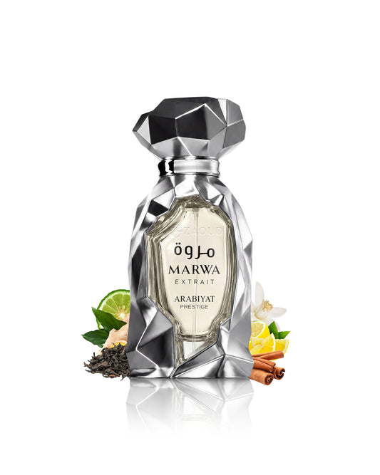 marwa extrait perfume bottle surrounded with fragrance notes like citrus and lemon shows against white background