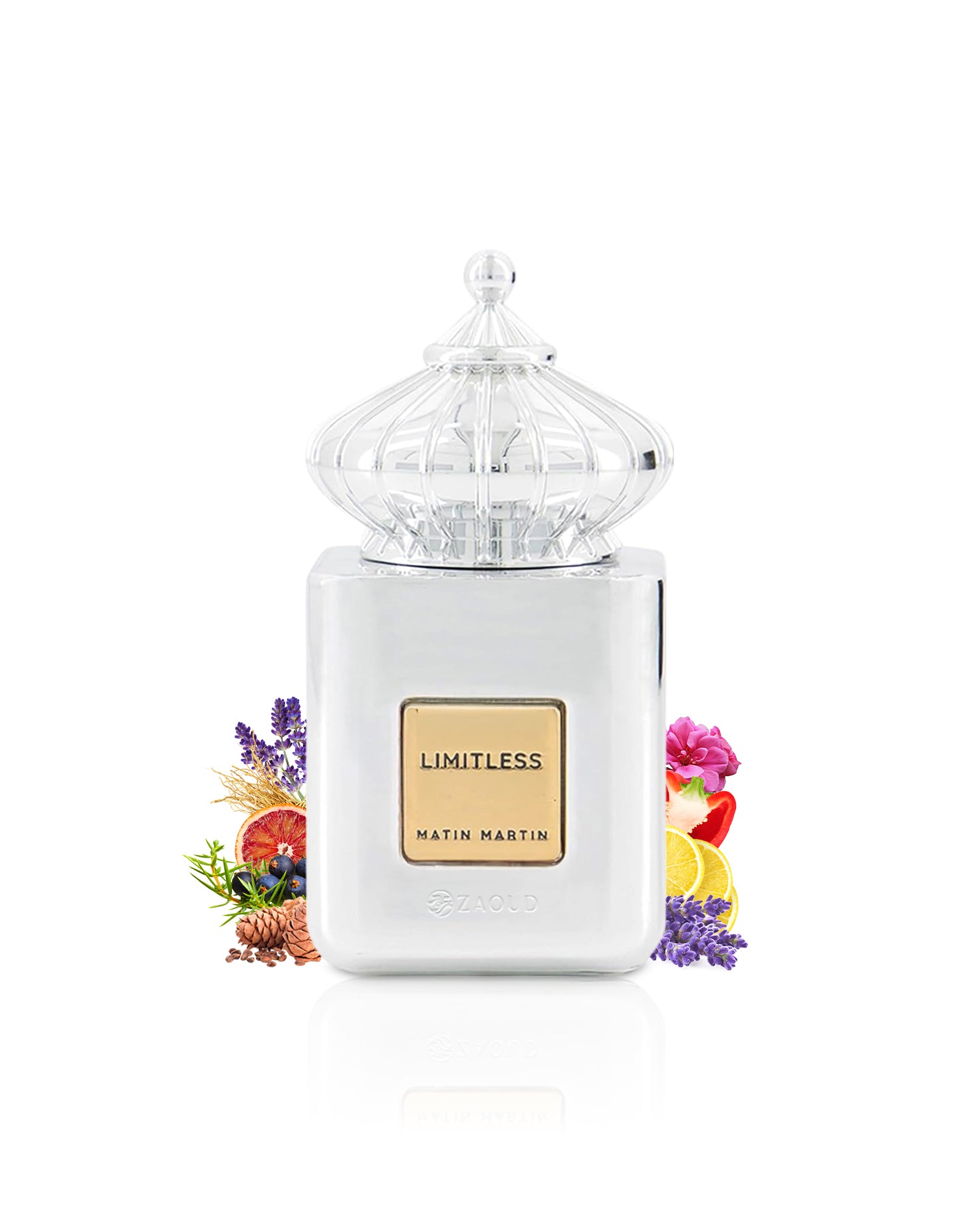 matin martin perfume bottle with decorative elements like lavender and orange  and 'Limitless' branding on a white background