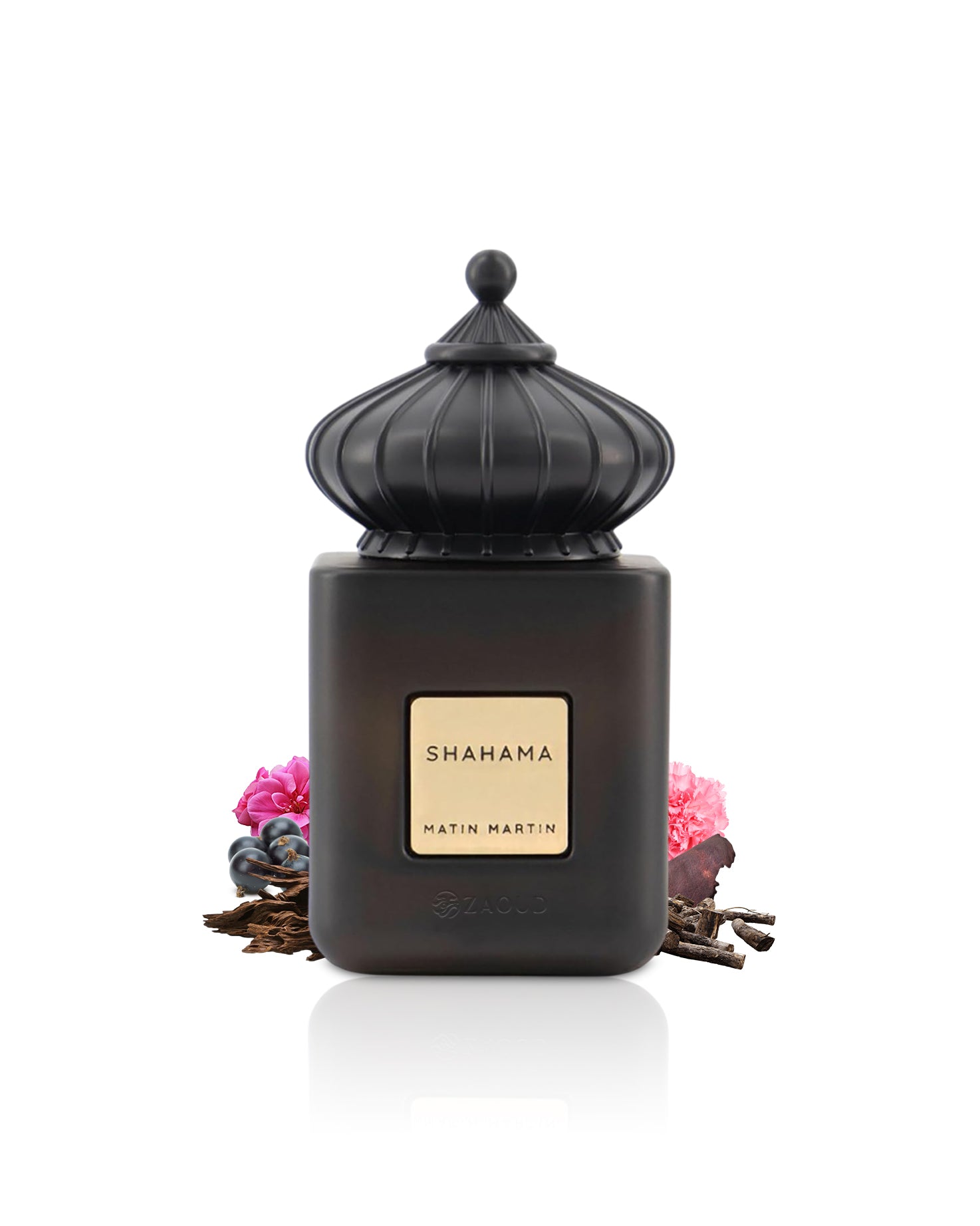 matin martin shahama Black perfume bottle surrounded by fragrance notes like oud and rose with lid and 'SHAHAMA' branding on a white background
