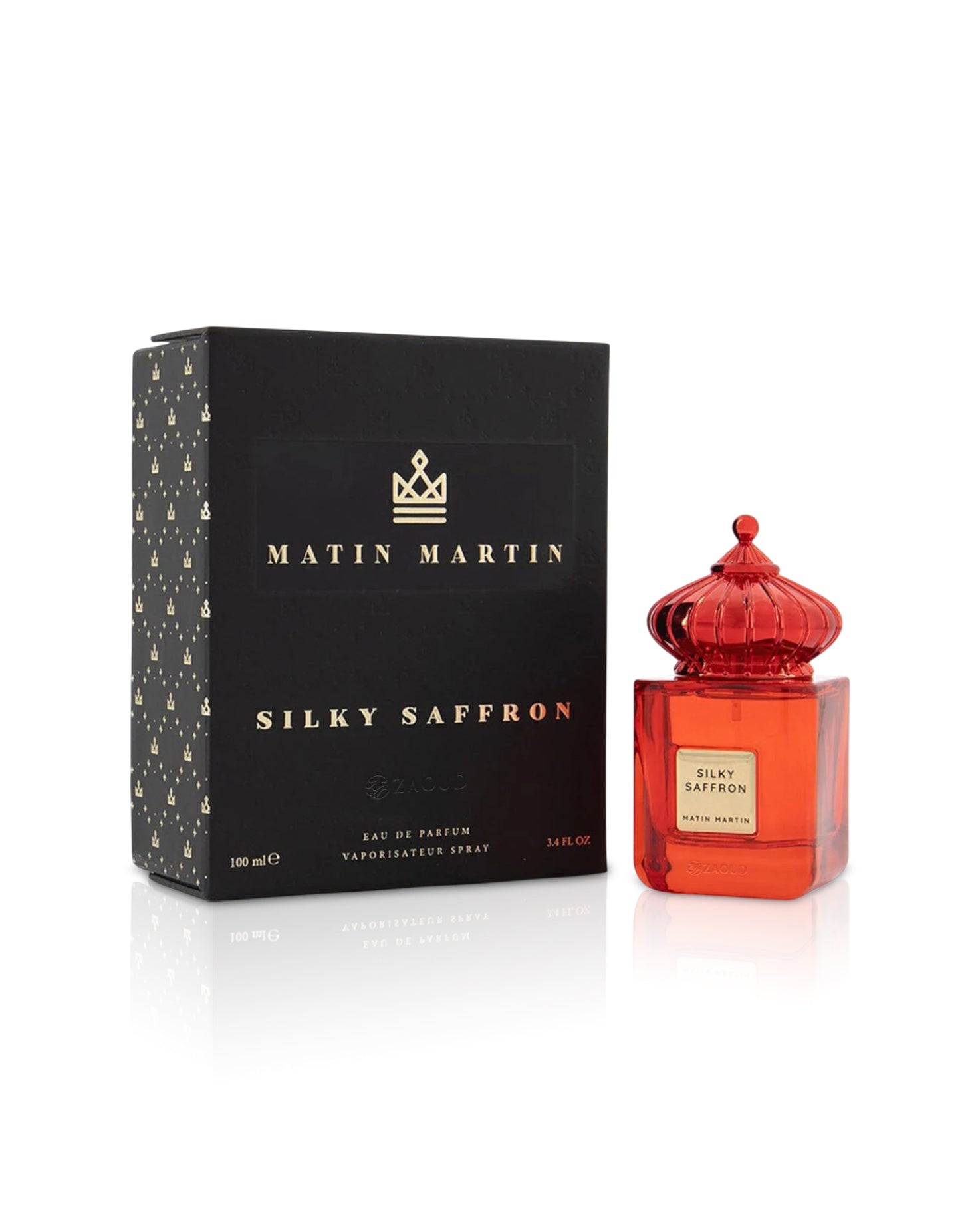 Matin Martin Silky Saffron perfume bottle and packaging on a white background