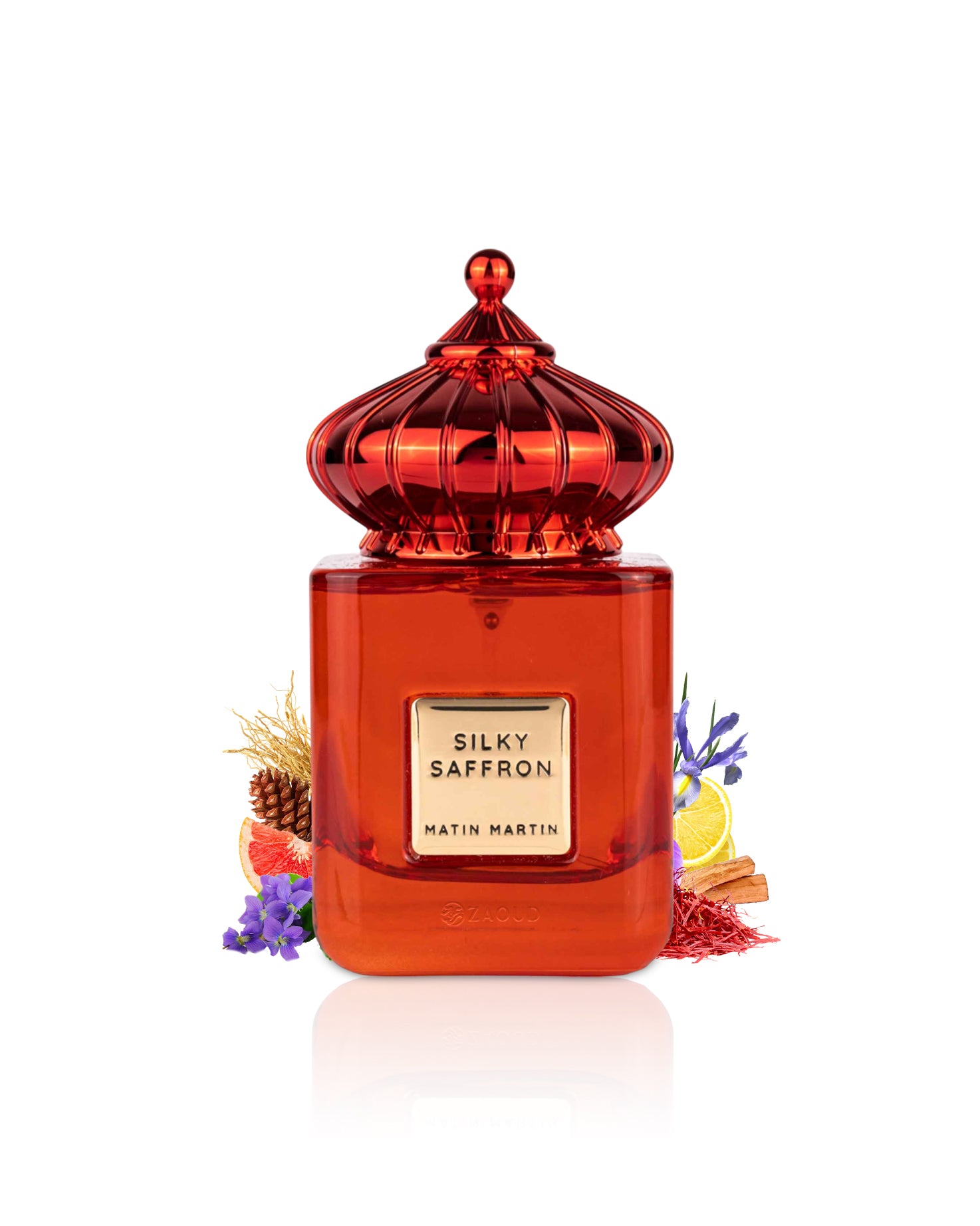 Red perfume bottle surrounded by fragrance notes like iris and saffroon labeled 'Silky Saffron' by Matin Martin on a white background