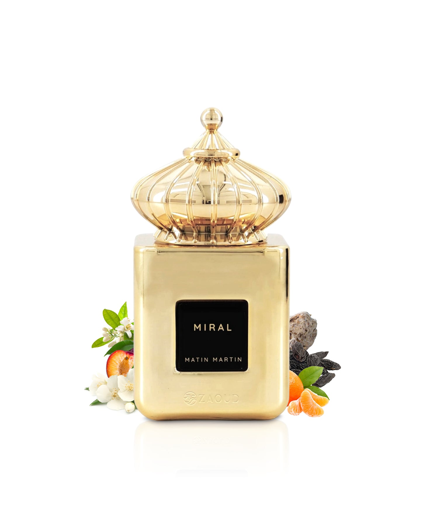 matin martin Gold perfume bottle surrounded by fragrance notes like orange and jasmine with 'Miral' branding on a white background