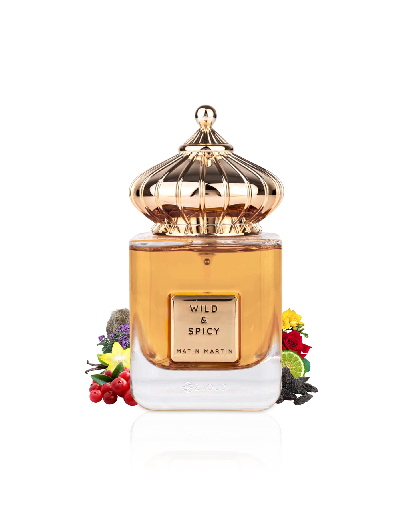 Perfume bottle labeled 'Wild & Spicy' by Matin Martin with decorative elements like rose and tonka on a white background