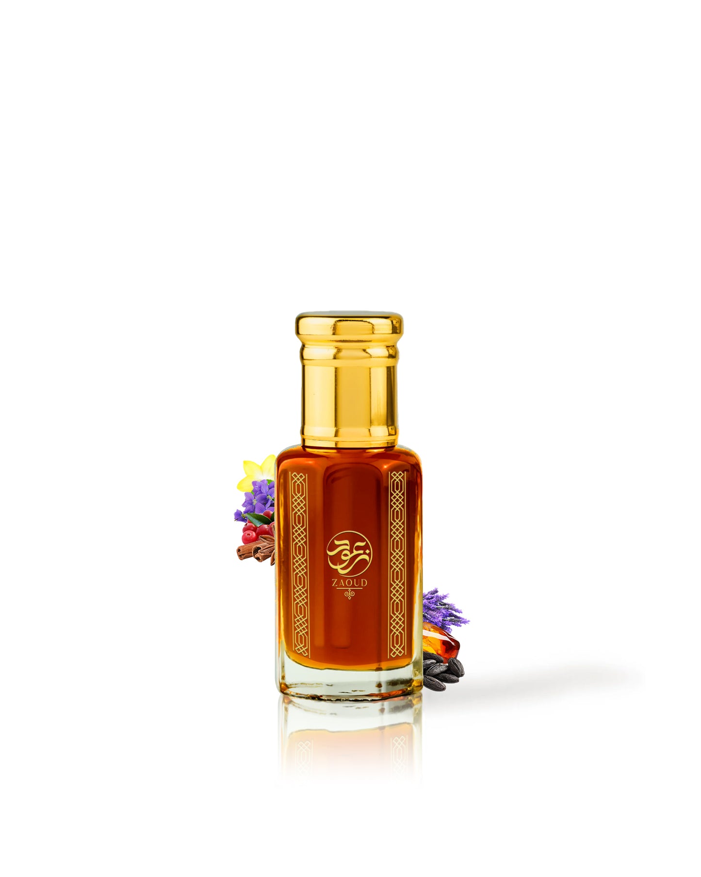 mayak intensely perfume oil bottle surrounded by fragrance notes like amber and lavender shows from behind the bottle against white background