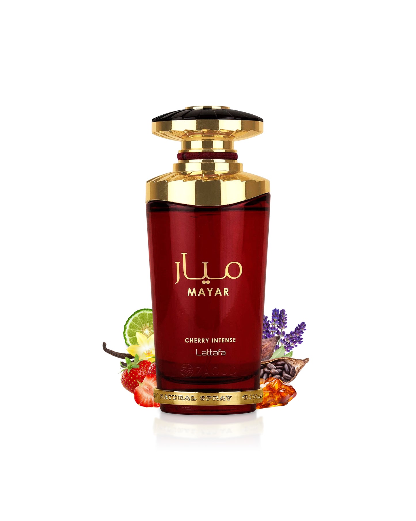 lattafa mayar cherry intense Red perfume bottle with gold cap surrounded by amber and coffee on a white background