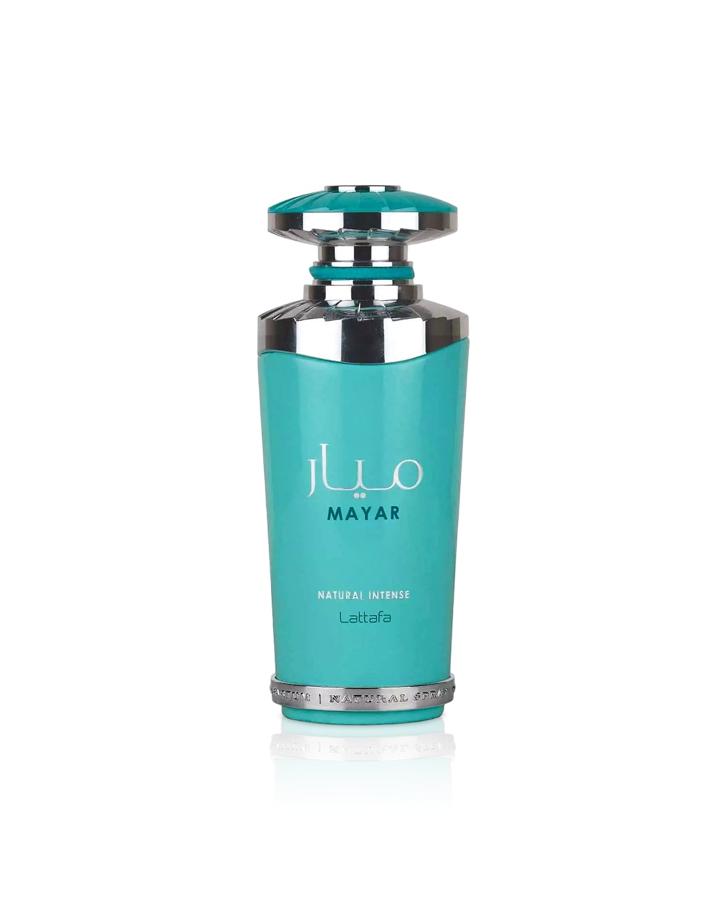 lattafa mayar natural intense Turquoise bottle with silver cap on a white background