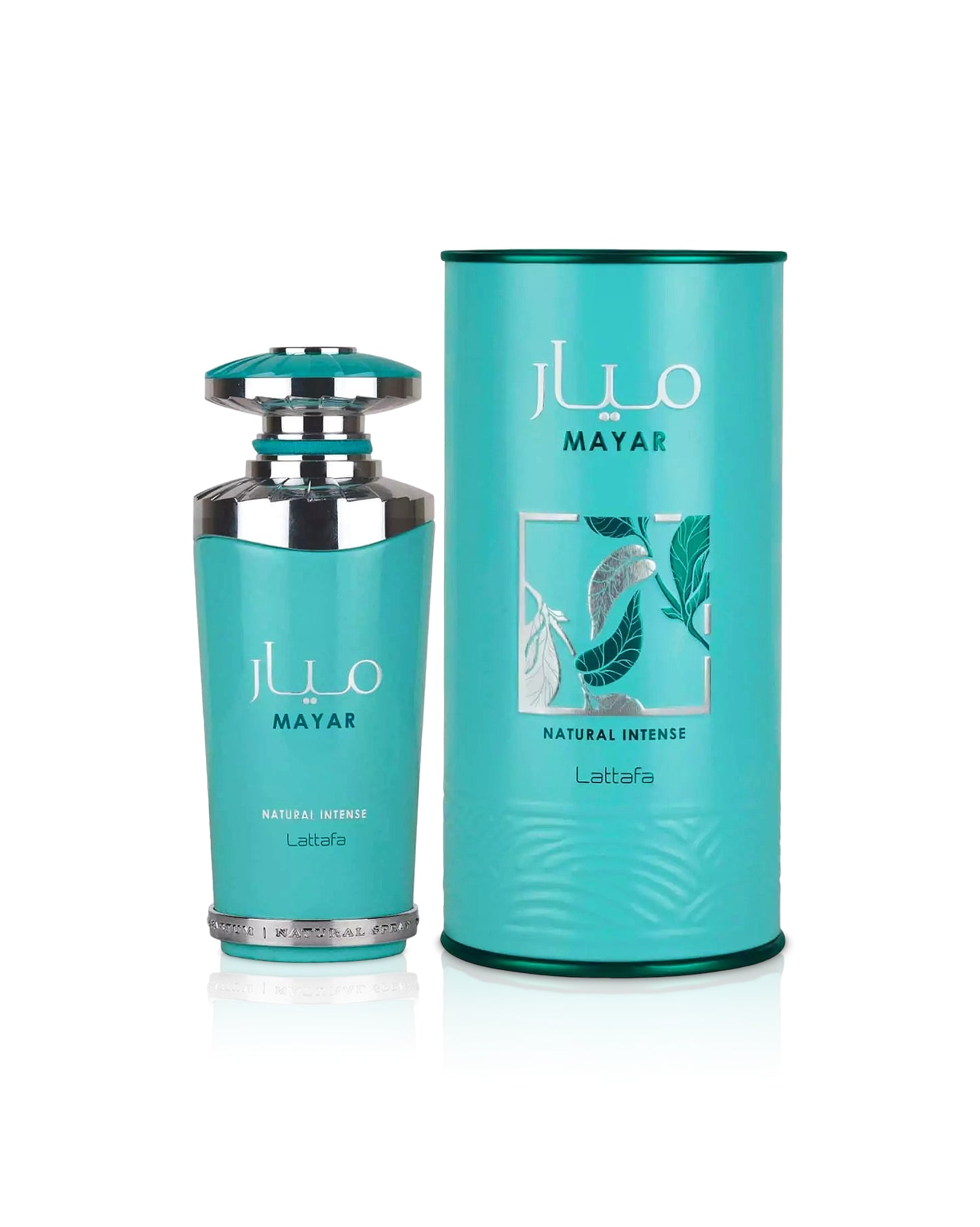 lattafa mayar natural intense Turquoise perfume bottle and packaging with 'MAYAR' branding on a white background