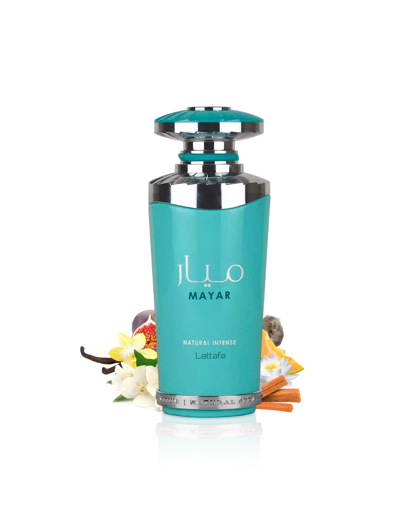 lattafa mayar natural intense Turquoise bottle with silver cap on a white background, featuring the brand 'MAYAR'.