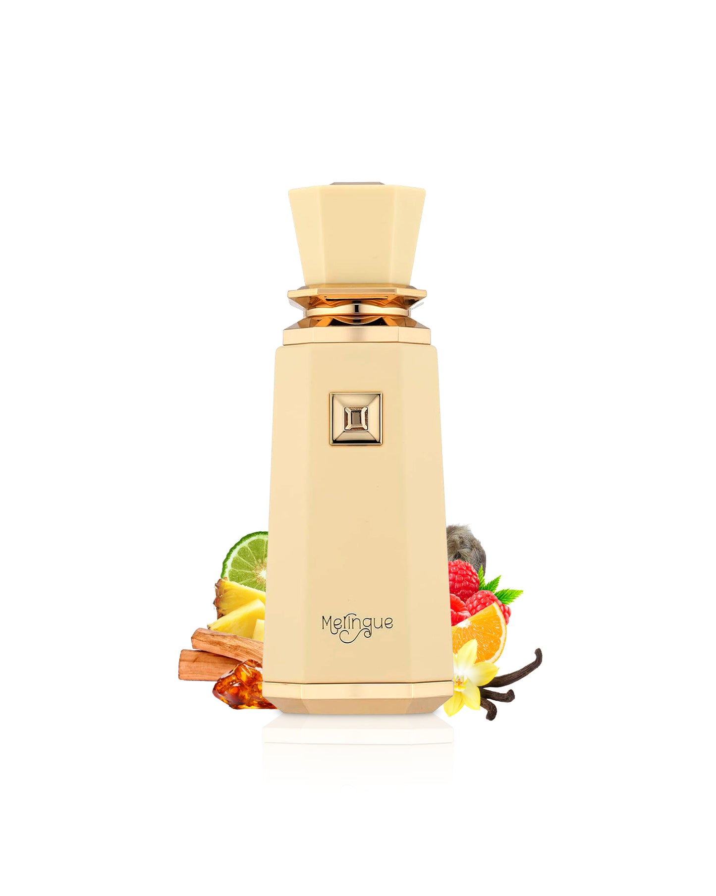french avenue meringue perfume bottle surrounded with fragrance notes like amber and vanilla shows from behind the bottle against white background