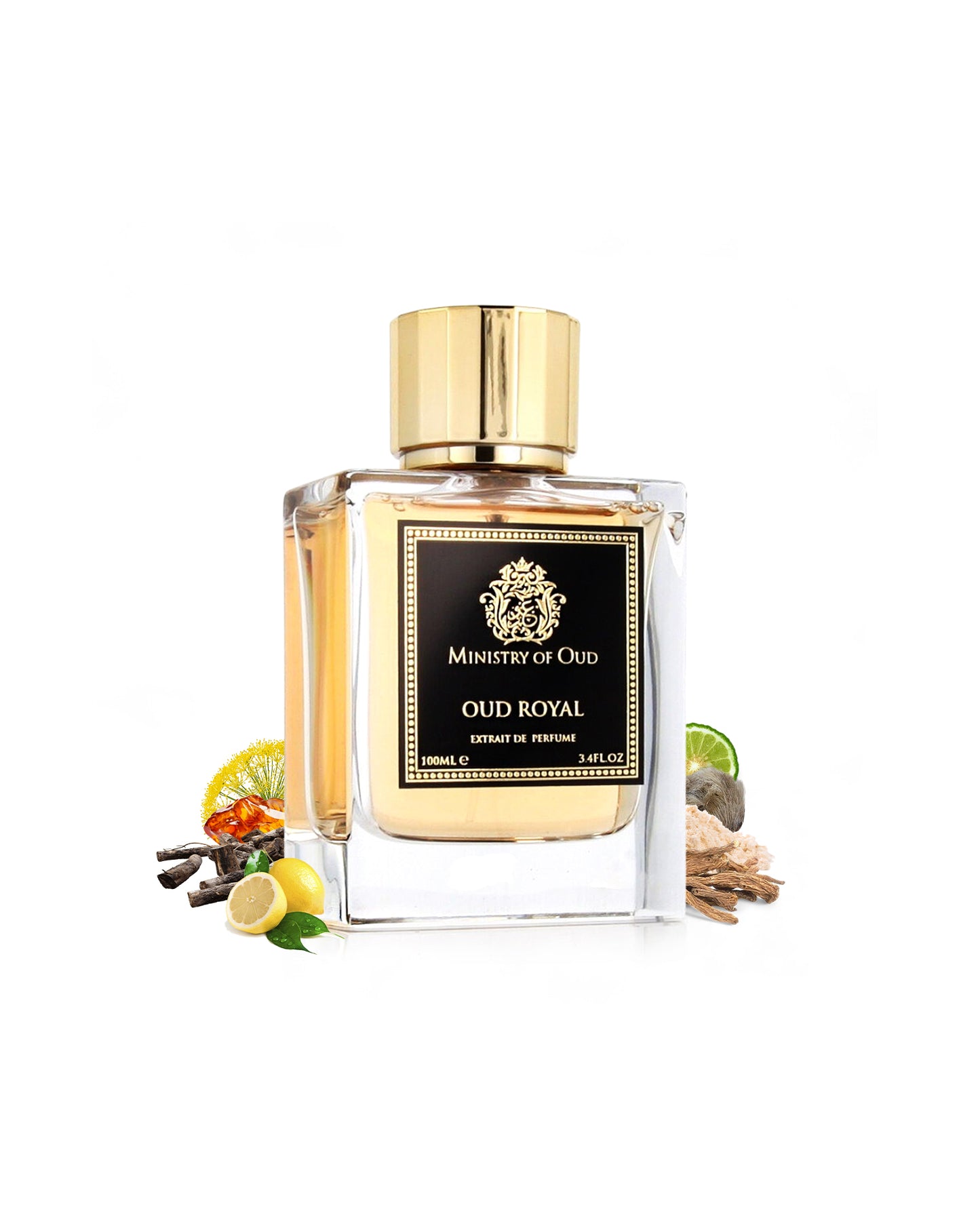 ministry of oud oud royal perfume bottle surrounded by fragrance notes like lemon and wood shows against white background