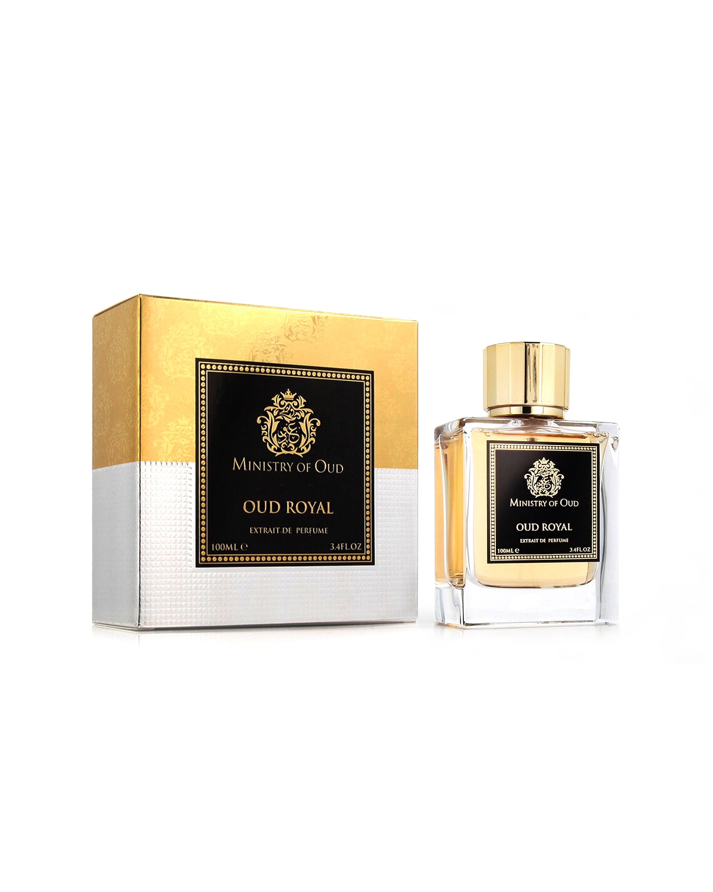 ministry of oud oud royal perfume bottle shows beside its box against white background