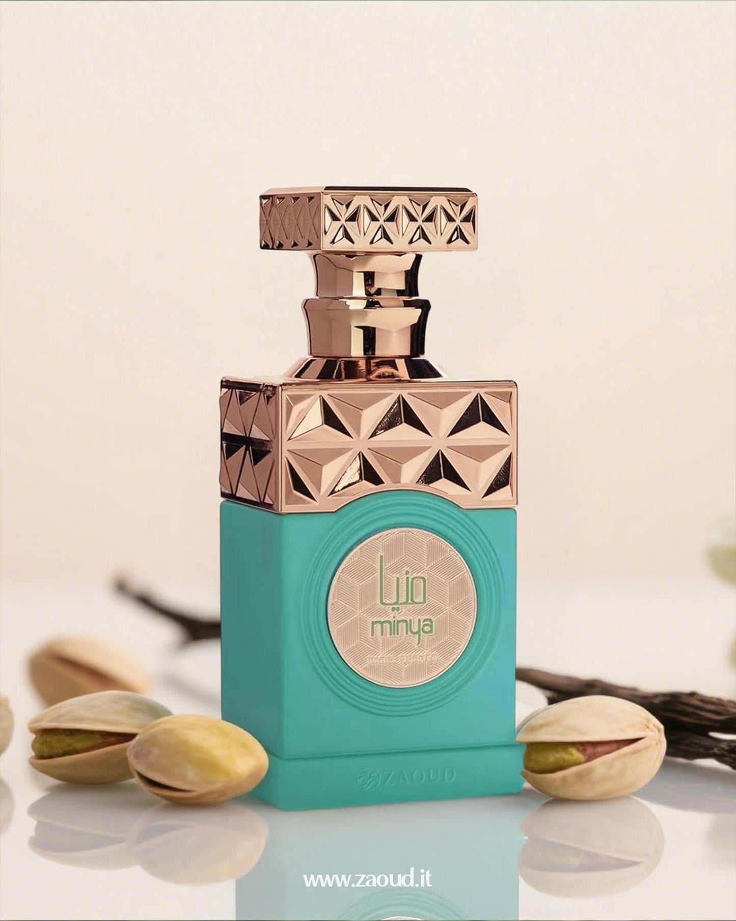 Paris Corner Minya perfume bottle with a stylish turquoise and rose gold design, surrounded by pistachio nuts, offering a fresh and luxurious Arabian fragrance.