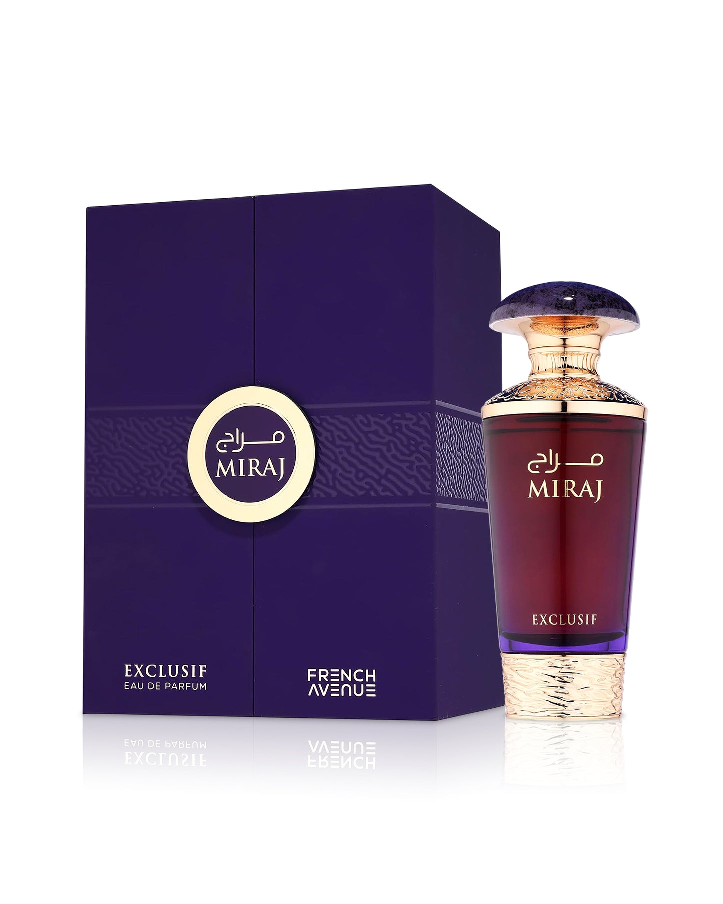 miraj exclusif perfume bottle shows beside its box against white background