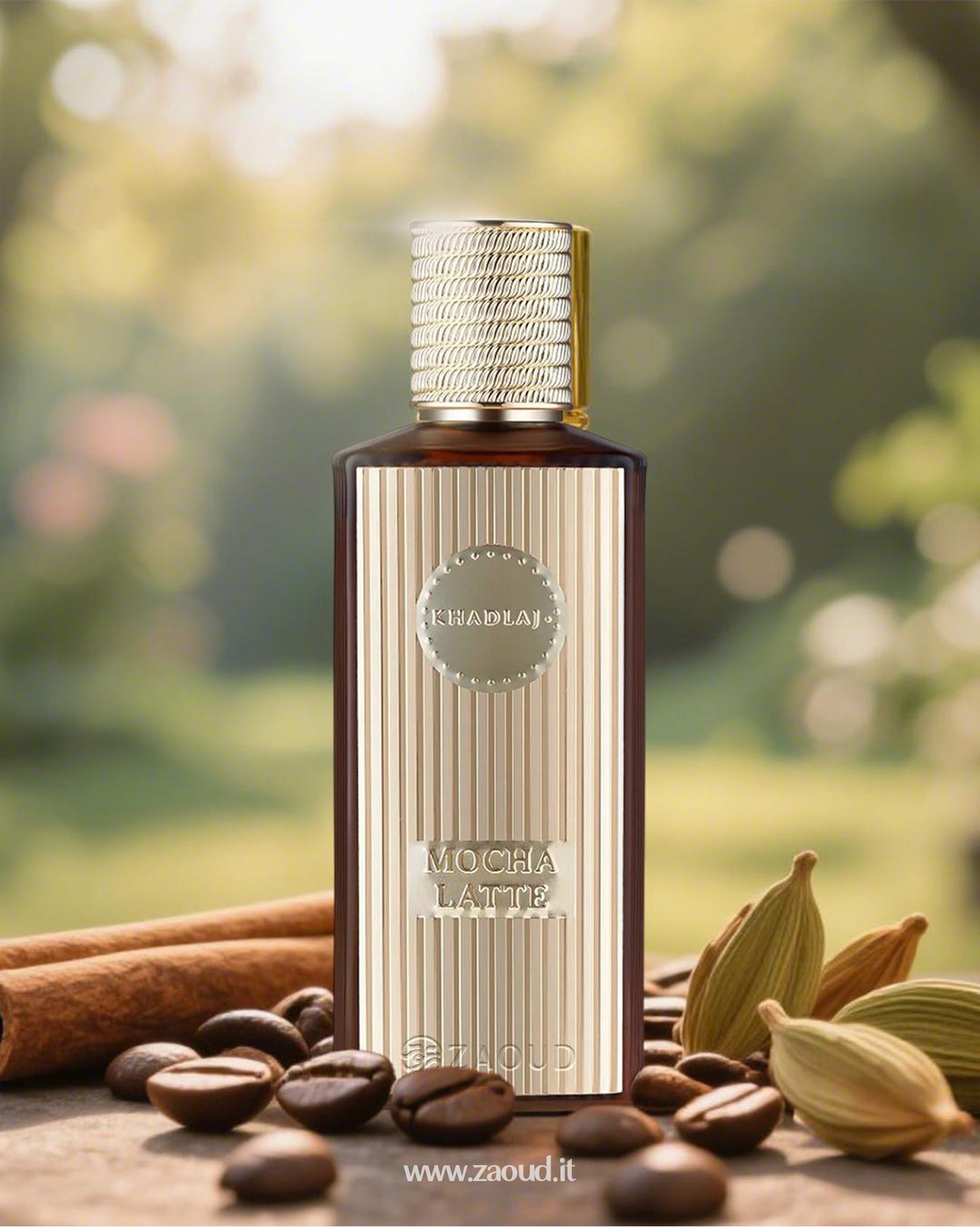 Khadlaj Mocha Latte perfume bottle featuring a stylish design with a blend of coffee beans and cardamom, set against a blurred natural background, offering a rich Arabian fragrance.