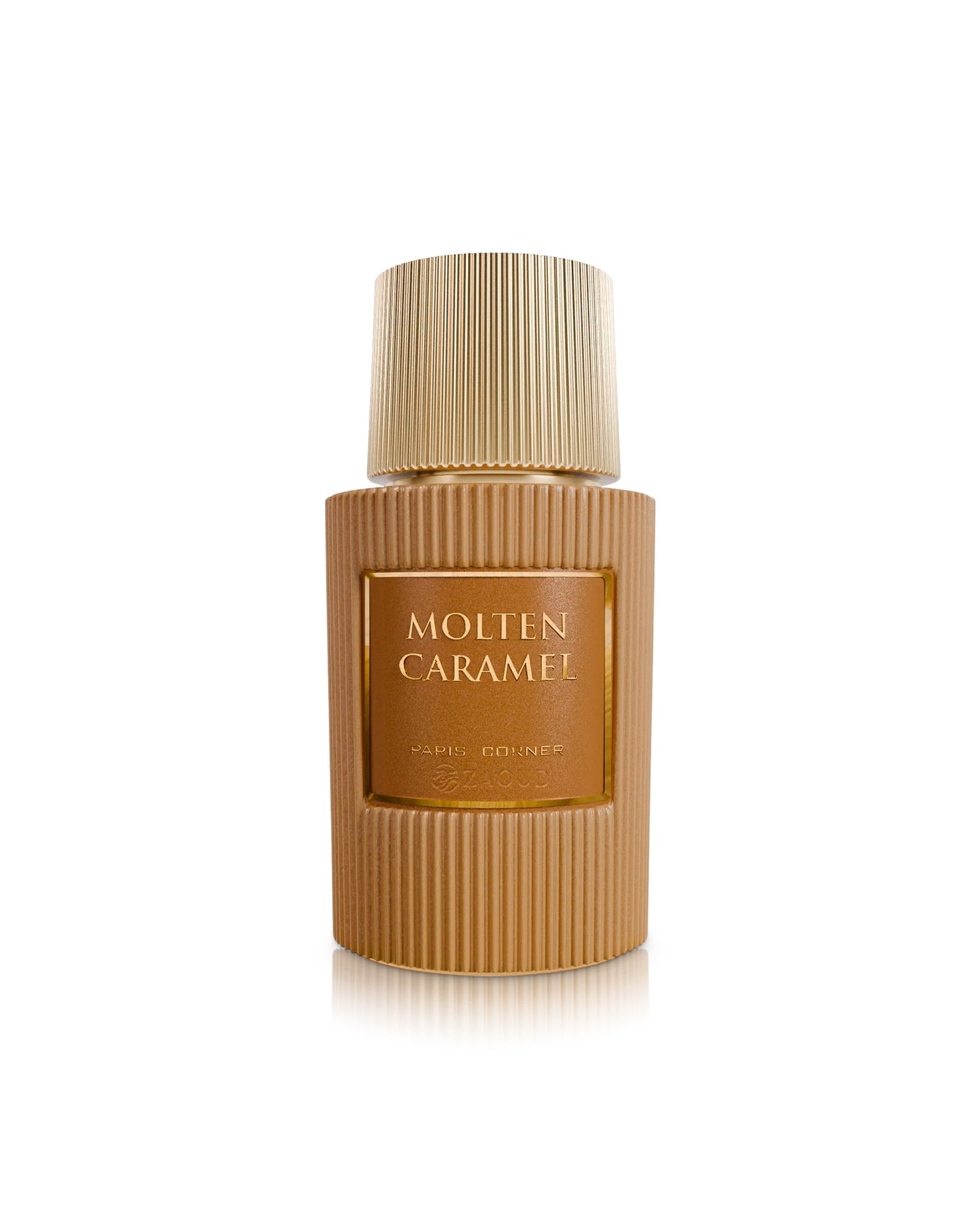 paris corner molten caramel perfume bottle shows against white background