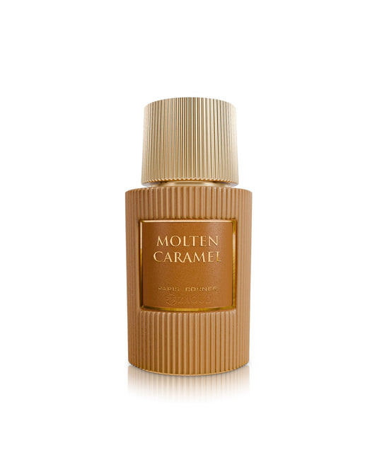 paris corner molten caramel perfume bottle shows against white background