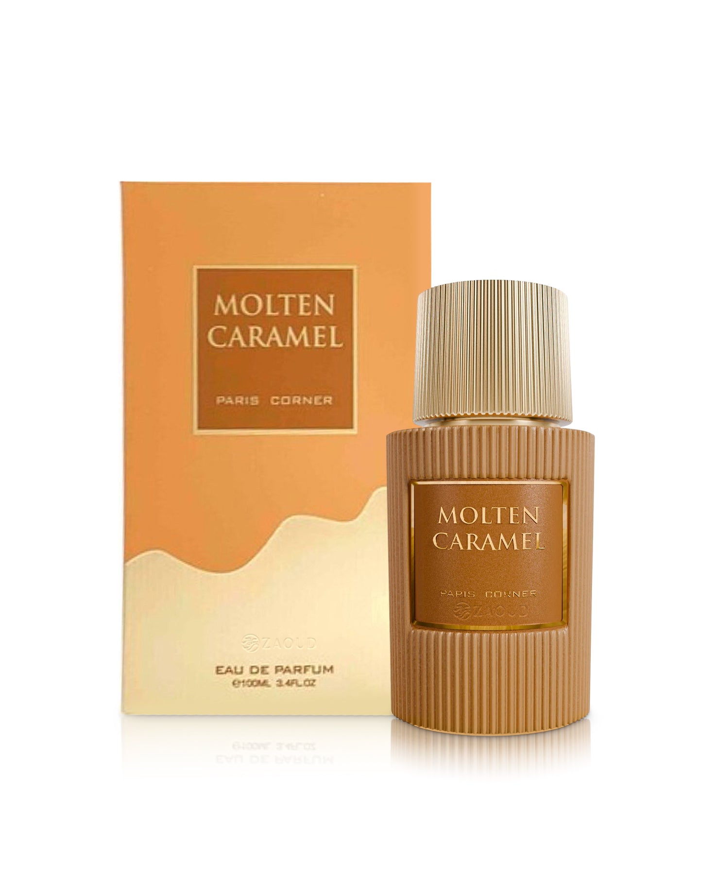paris corner molten caramel perfume bottle shows beside its box  against white background