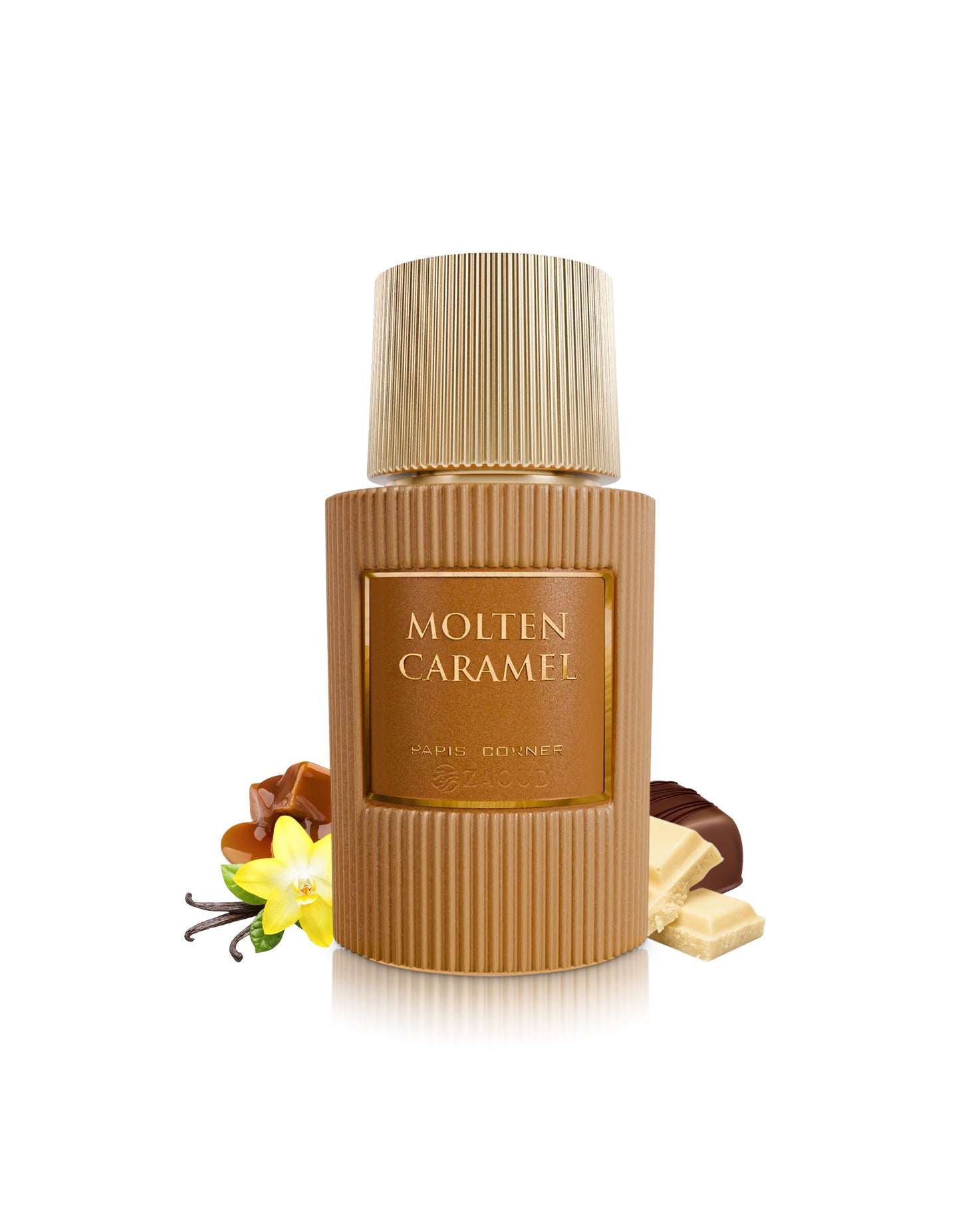 paris corner molten caramel perfume bottle surrounded with fragrance notes like vanilla and caramel chocolate shows against white background