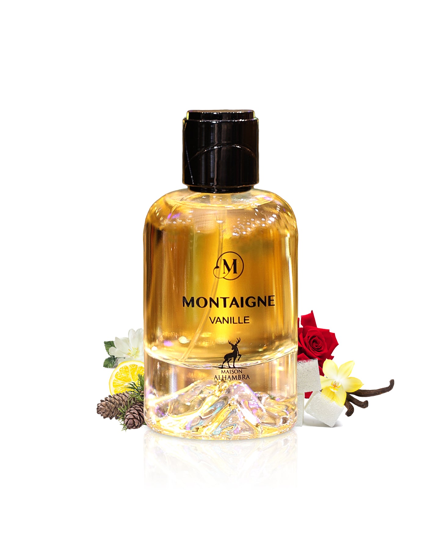 montaigne vanille by maison alhambra perfume bottle surrounded with its ingredients like vanilla and rose with many others shows from behind the bottle against white background