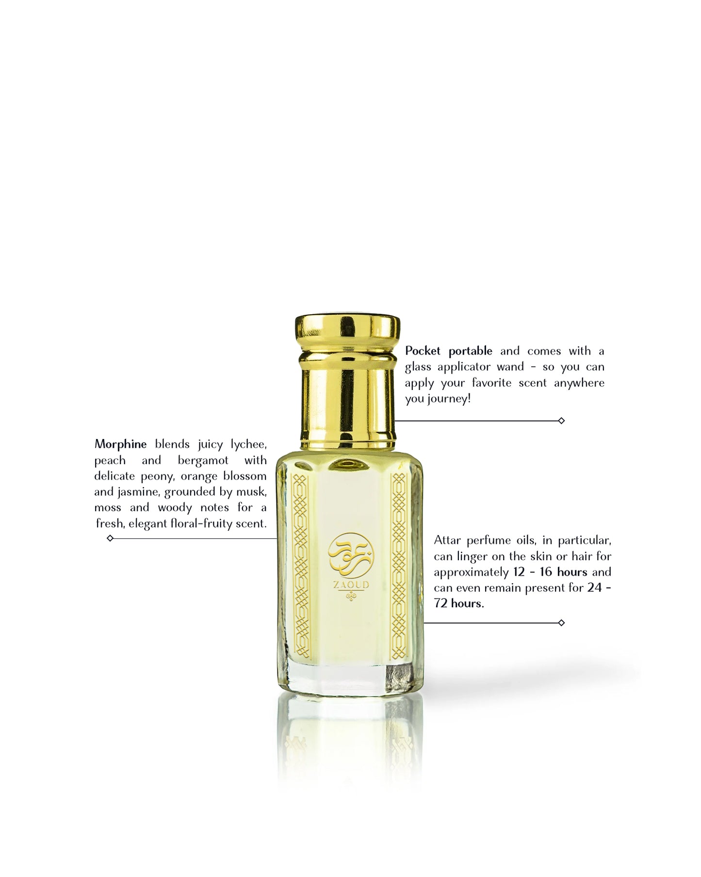 morphine perfume oil bottle with a gold cap and gold lettering on the glass, shown on a white background with descriptive text callouts.