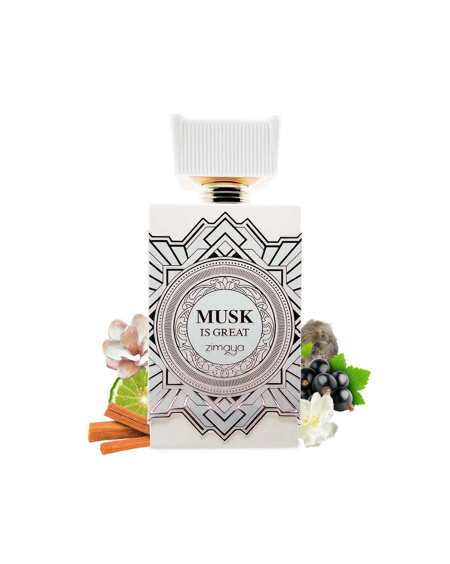 musk is great extrait de parfum by zimaya perfume bottle surrounded with its ingredients like musk and citrus with many others shows from behind the bottle against white background
