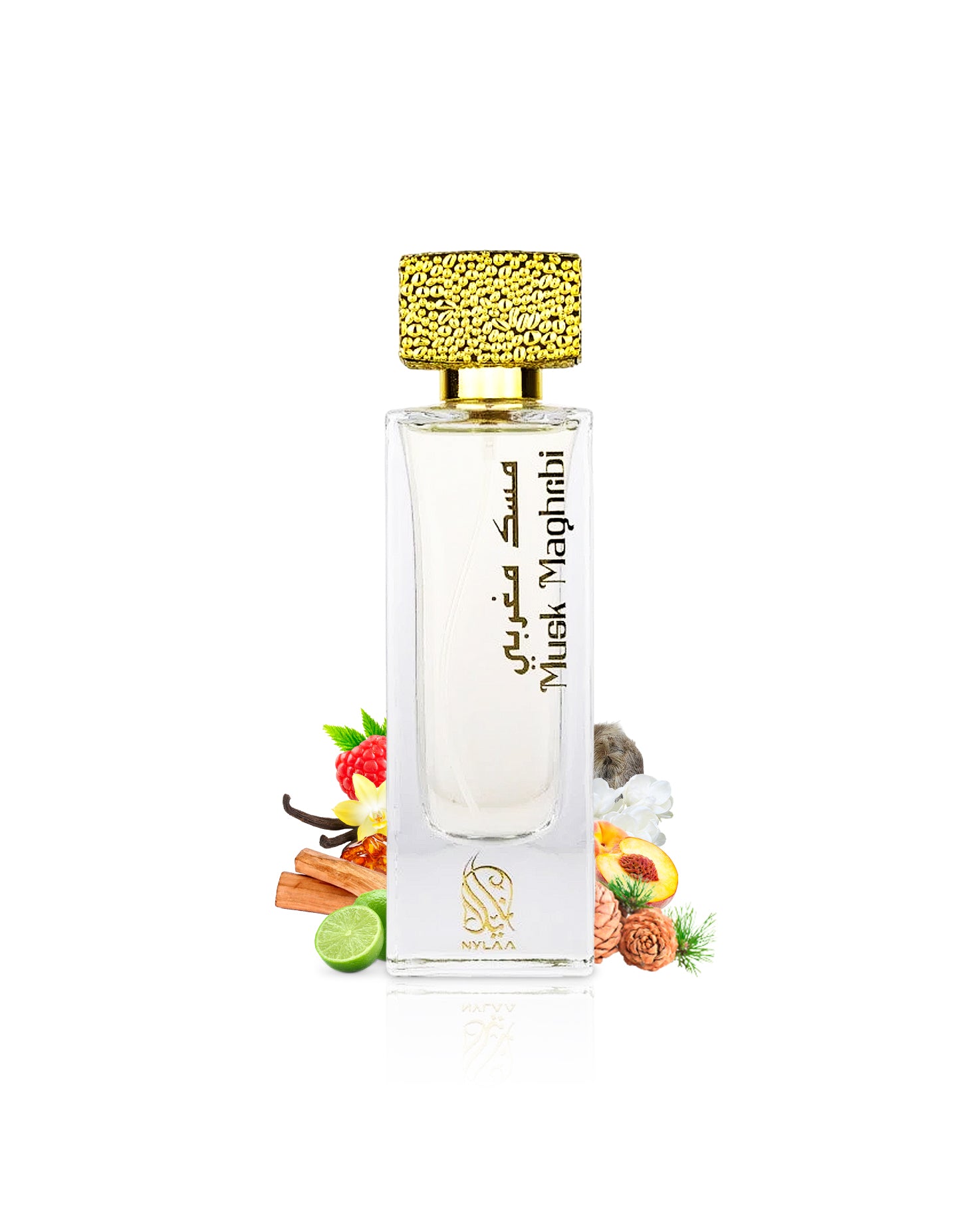 nylaa musk maghribi perfume bottle surrounded by fragrance notes like peach and lime shows against white background