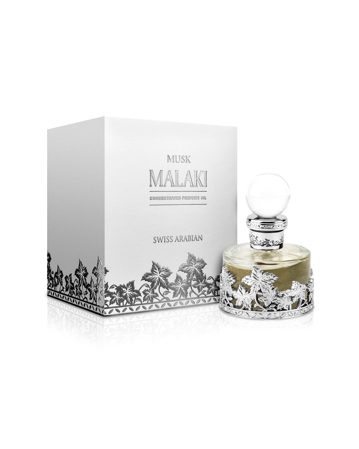 swiss arabian musk malaki perfume oil bottle shows beside its box against white background