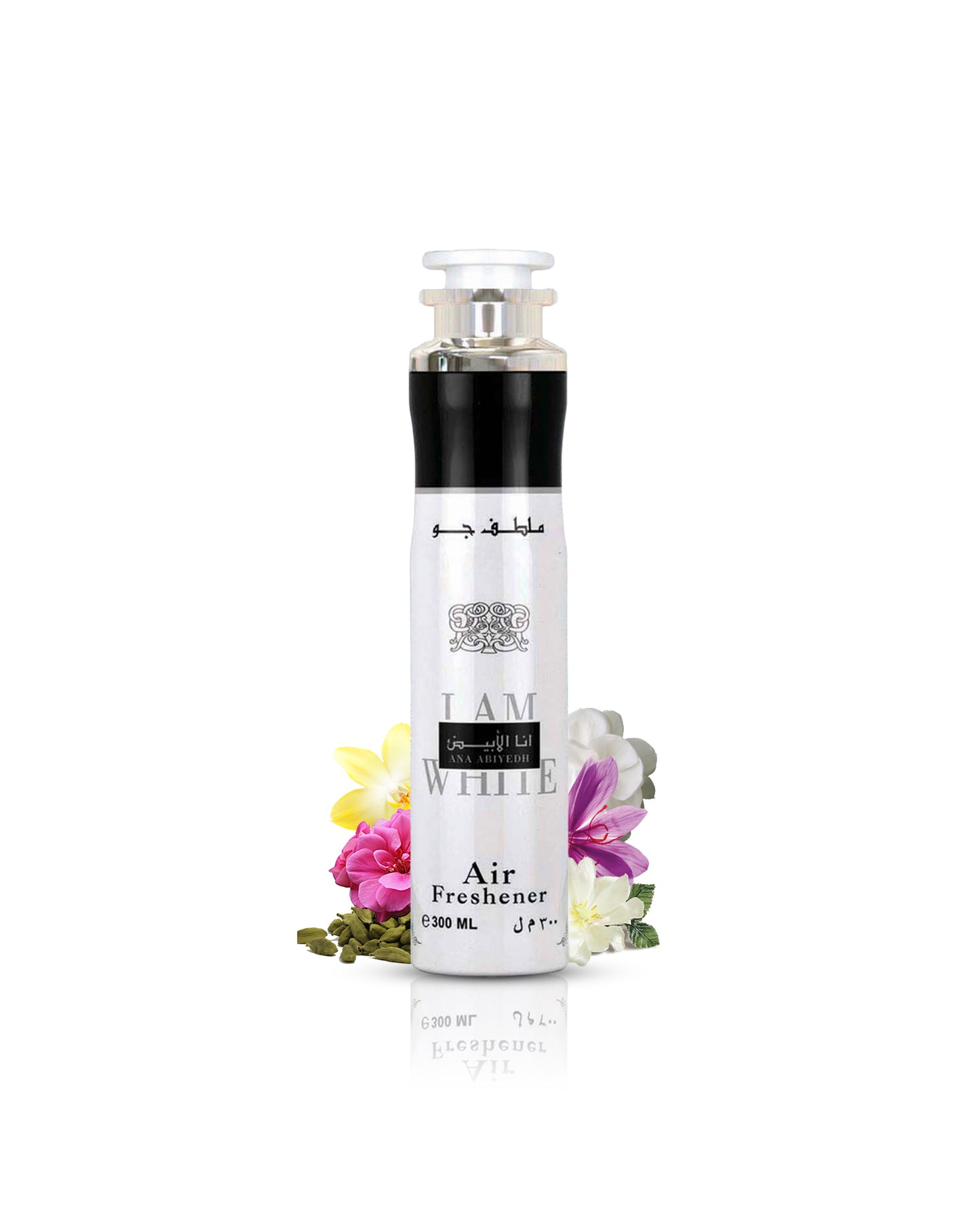 ana abiyedh air freshner bottle surrounded by cardamom saffron against white background
