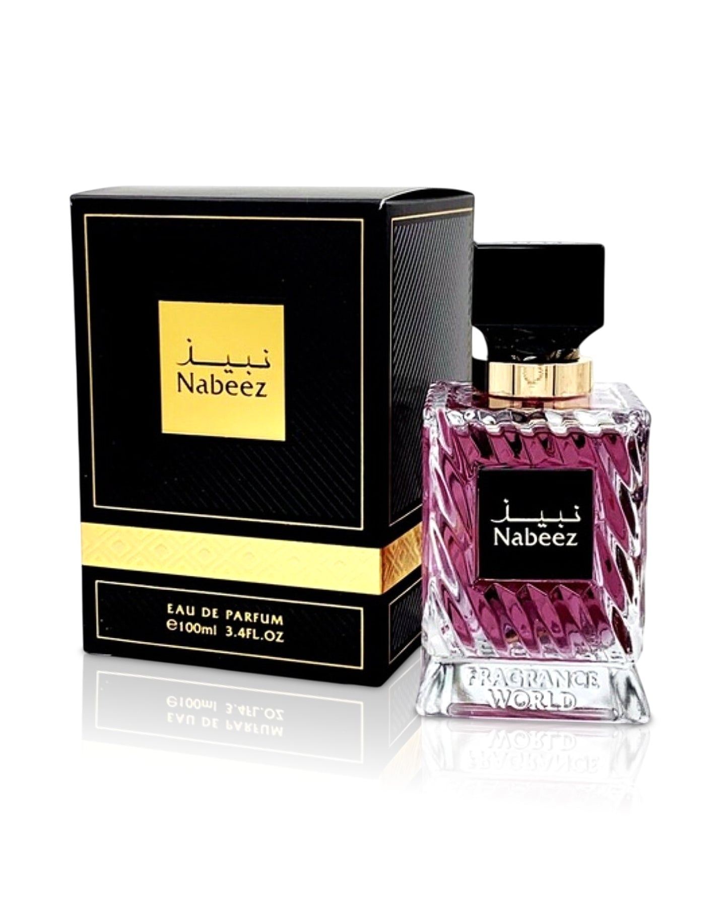 nabeez edp by fragrance world perfume bottle shows beside its box against white background