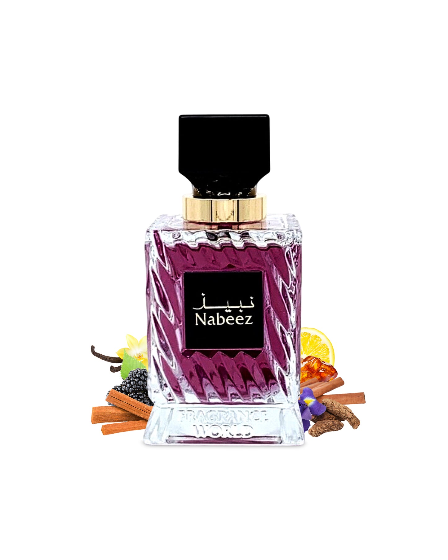 nabeez edp by fragrance world perfume bottle surrounded with fragrance notes like cinnamon and amber shows from behind the bottle against white background