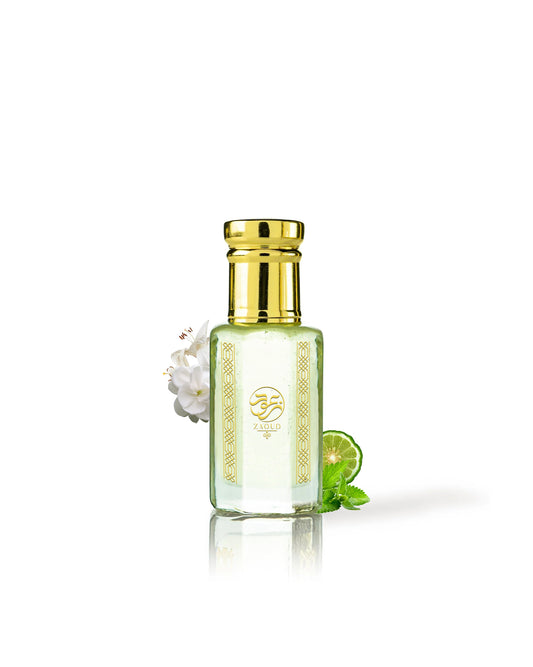 naema erfume oil bottle surrounded with fragrance notes like citrus and lilly flower against white background