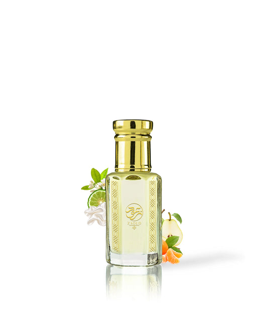 nazar perfume oil bottle with a shiny gold cap and gold decorative patterns, filled with pale yellow liquid. The bottle is centered on a white background with decorative botanical elements including green leaves, a white flower, and citrus fruits placed around the base.
