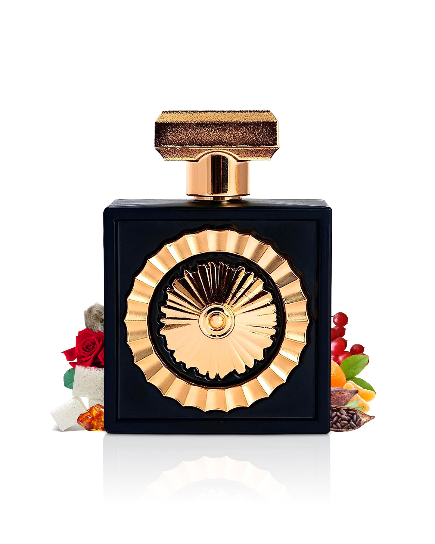 lattafa nebras perfume bottle surrounded with its ingredients like rose and cacao with many others shows from behind the bottle against white background