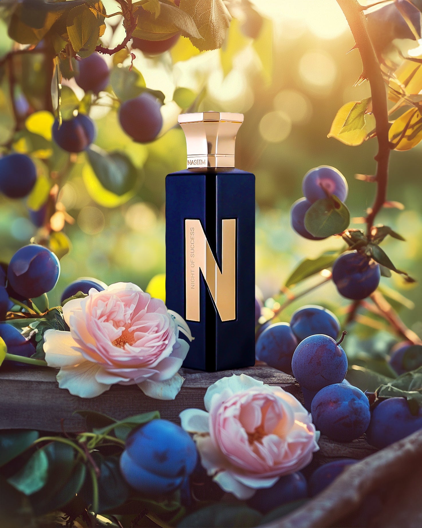 night of success aqua parfum bottle beside rose inside peach garden against white background