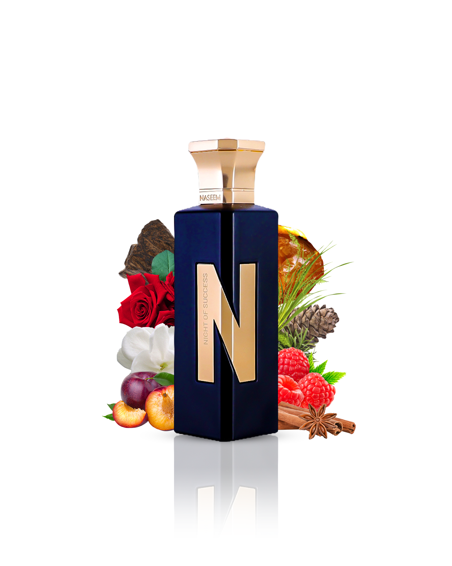 night of success aqua parfum bottle surrounded by peach cinnamon rose against white background