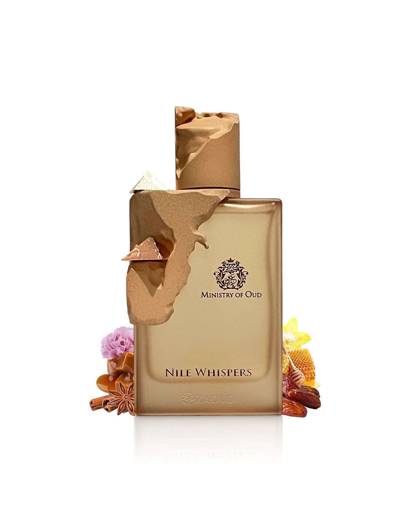 nile whispers perfume bottle surrounded with fragrance notes like dates and caramel shows against white background