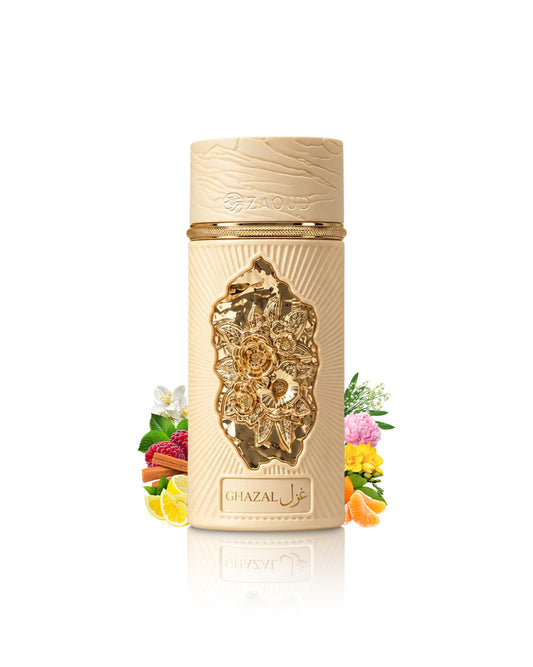 nusuk ghazal perfume bottle surrounded with fragrance notes like orange and flowers shows against white background