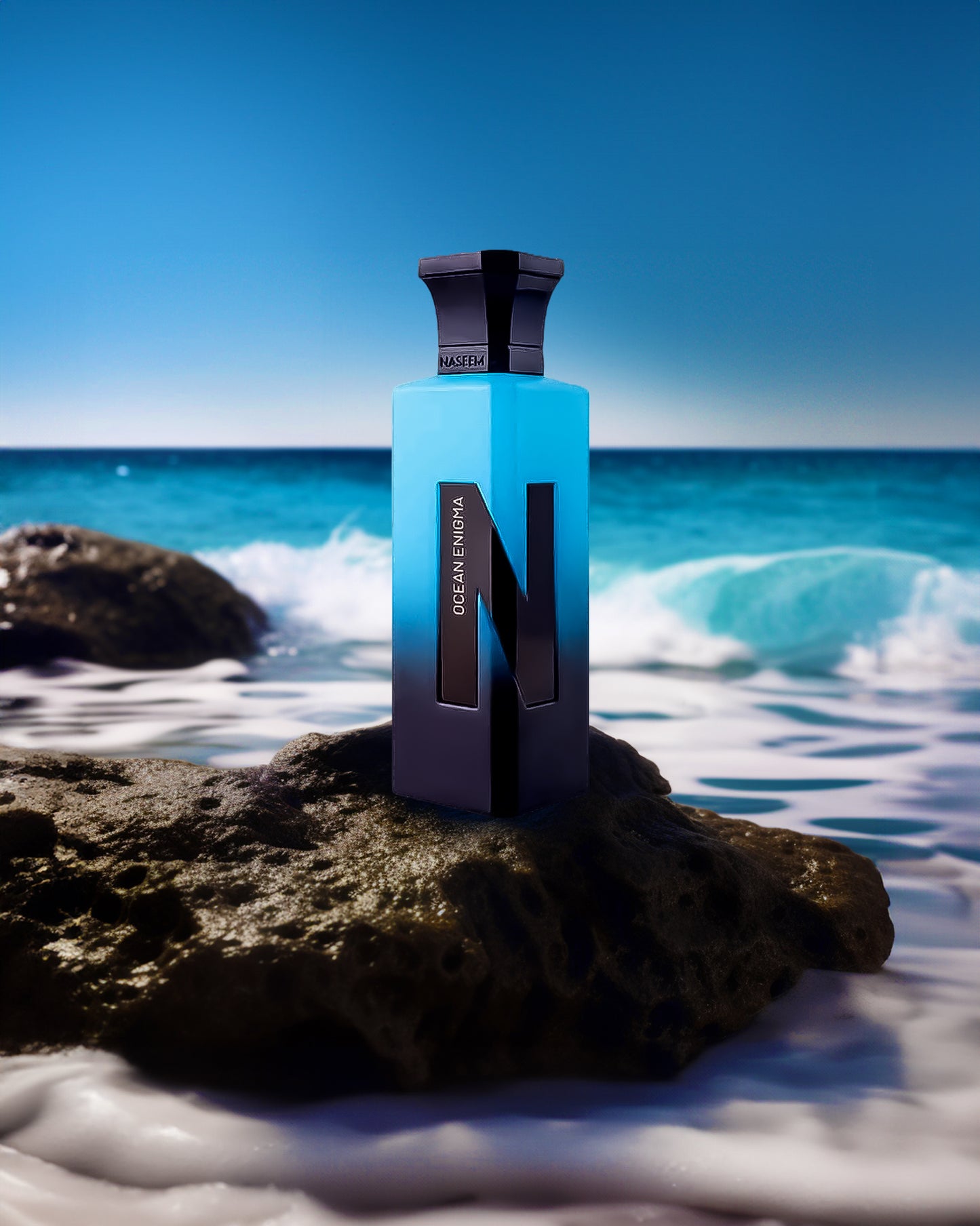 ocean enigma aqua parfum bottle infront of seashore over rock