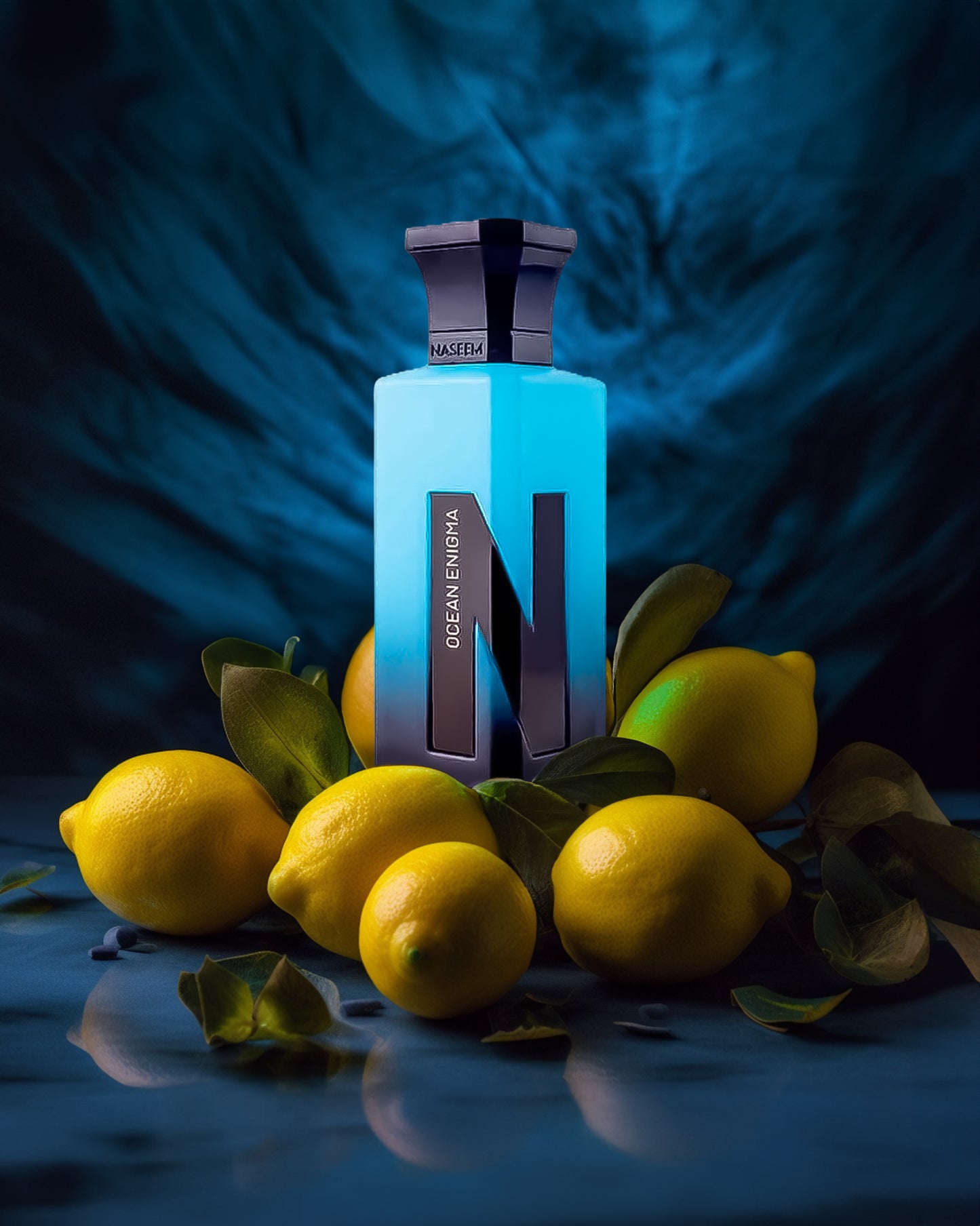 ocean enigma aqua parfum bottle surrounded lemons against blue background